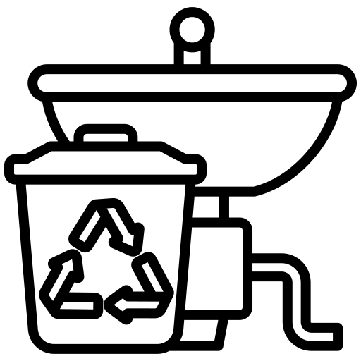 A&S Armbruster & Sieber GmbH - Experten im Bereich Bautenschutz und Bodenbeschichtungen - Symbol, das eine Küchenspüle mit darunter installierter Müllentsorgungseinheit zeigt, wobei die Mahlkammer und der Wasserfluss hervorgehoben sind.