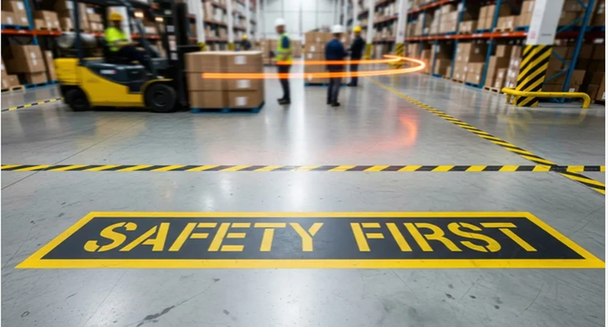 A&S Armbruster & Sieber GmbH – Experten im Bereich Bautenschutz und Bodenbeschichtungen – Lagerboden mit einem auffälligen gelb-schwarzen „Safety First“-Schild, im Hintergrund Arbeiter und ein Gabelstapler