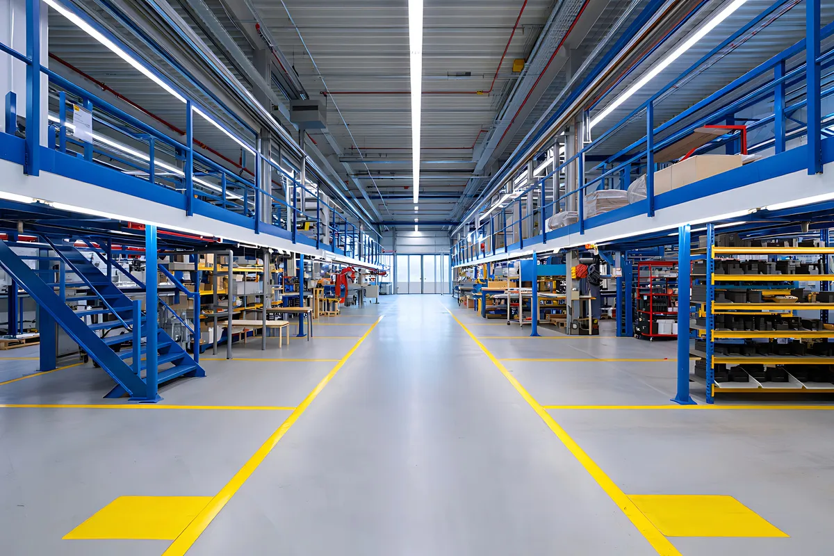 A&S Armbruster & Sieber GmbH – Experten im Bereich Bautenschutz und Bodenbeschichtungen – Geräumiger, sauberer Industrielagerinnenraum mit blauen Zwischengeschossstrukturen, gelben Bodenmarkierungen und organisierten Lagerregalen