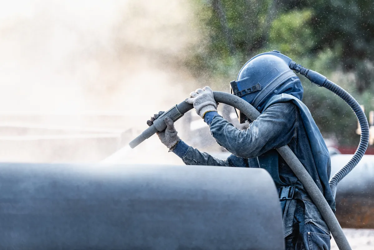 A&S Armbruster & Sieber GmbH - Experten im Bereich Bautenschutz und Bodenbeschichtungen - Arbeiter mit Schutzanzug und Helm reinigt mit einem Sandstrahlschlauch einen großen zylindrischen Gegenstand im Freien
