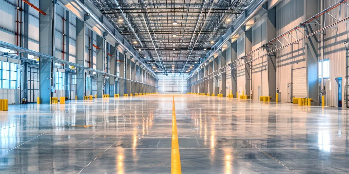 A&S Armbruster & Sieber GmbH - Experten im Bereich Bautenschutz und Bodenbeschichtungen - Leere moderne Industriehalle mit poliertem Betonboden und gelben Sicherheitsmarkierungen